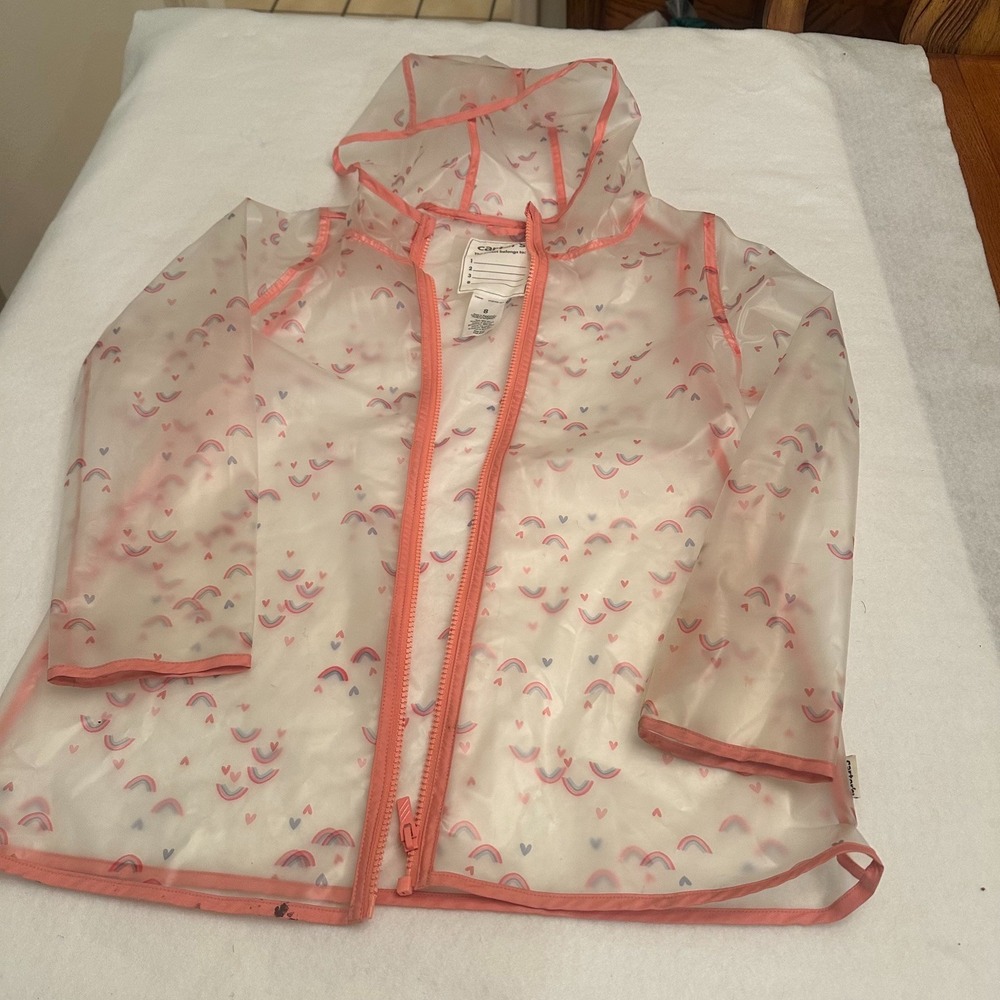 Carters Raincoat Girls 8 Clear Pink Rainbow Heart Hooded Rain Jacket Water Proof